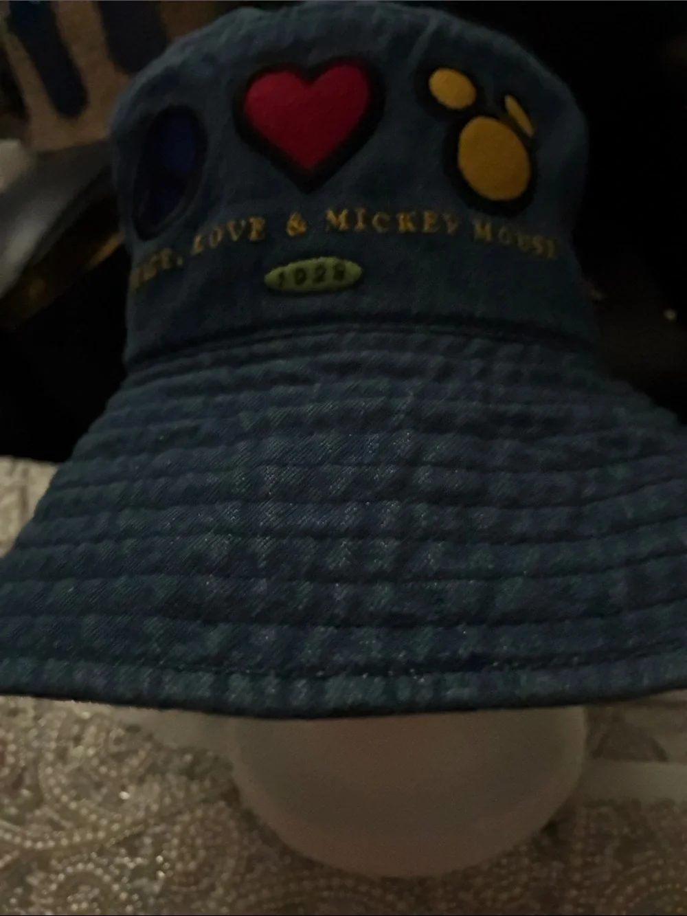 Disneyland hDenim Bucket Hat, Peace, Love awith Red Heart & Yellow Mickey Mouse